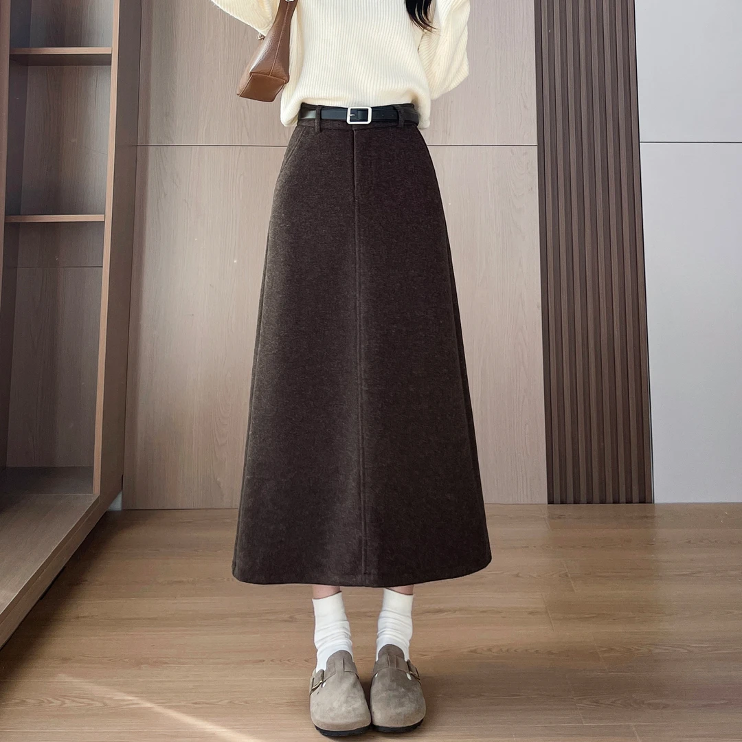 黑色A字毛呢半身裙女2025新款秋冬加厚中长款开叉伞裙高腰包臀裙