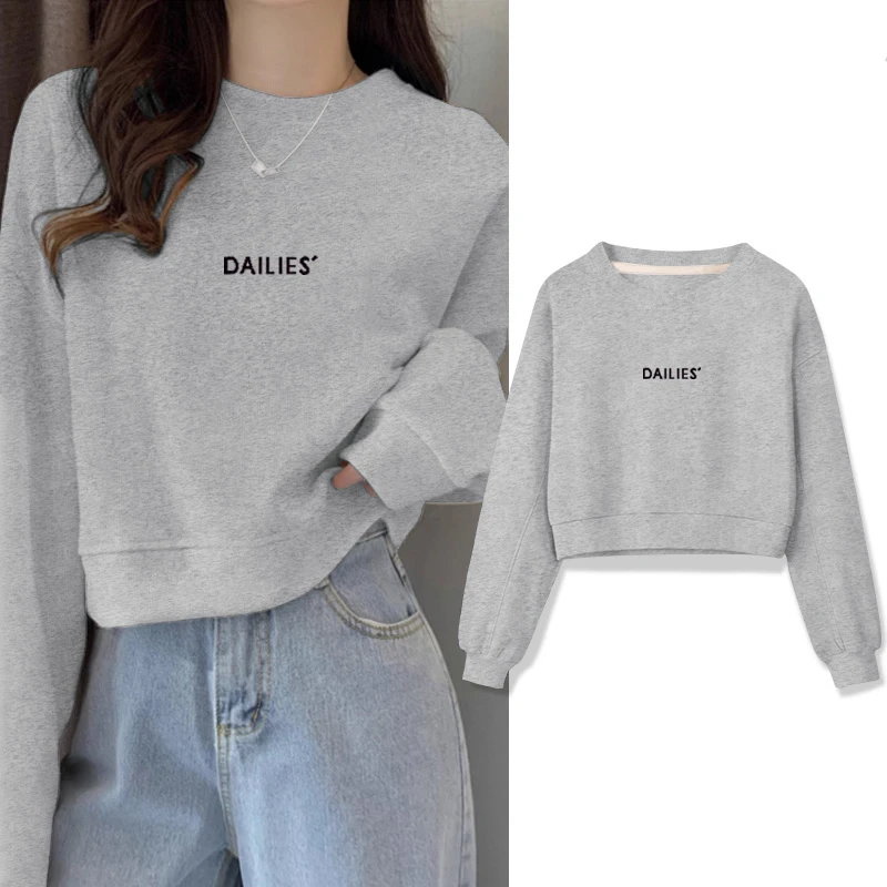 2025新款灰色圆领套头短款卫衣女加绒加厚秋冬上衣百搭显瘦春秋款