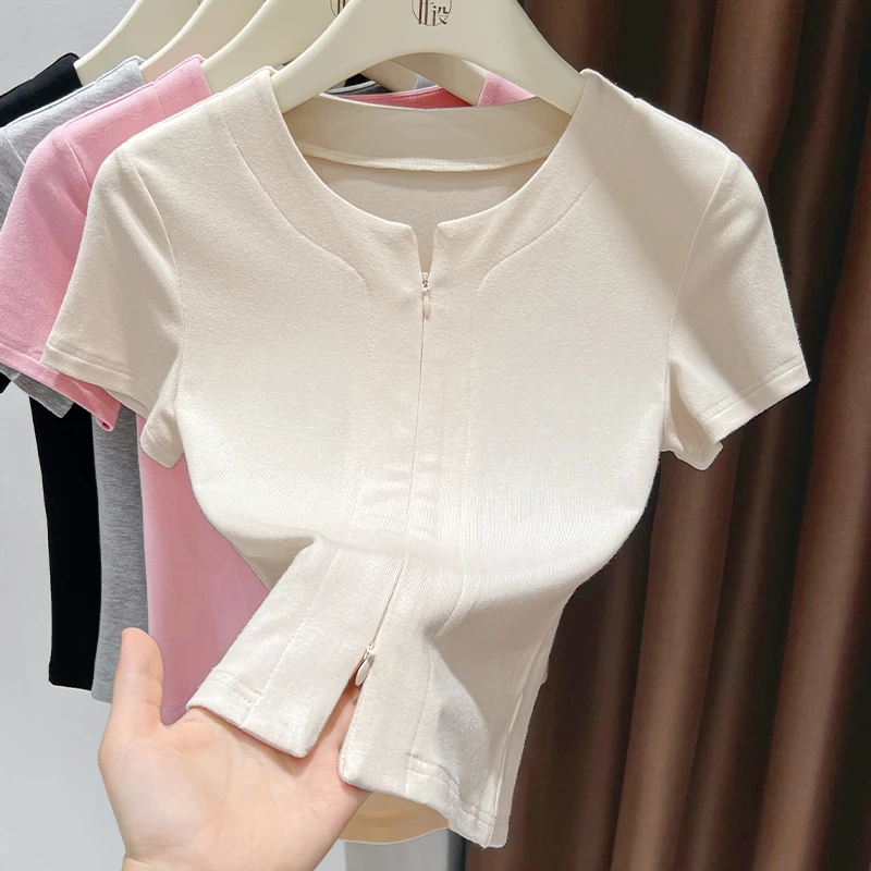 杏色薄款小圆领修身T恤上衣女士夏季新款拉链设计软糯短袖打底衫