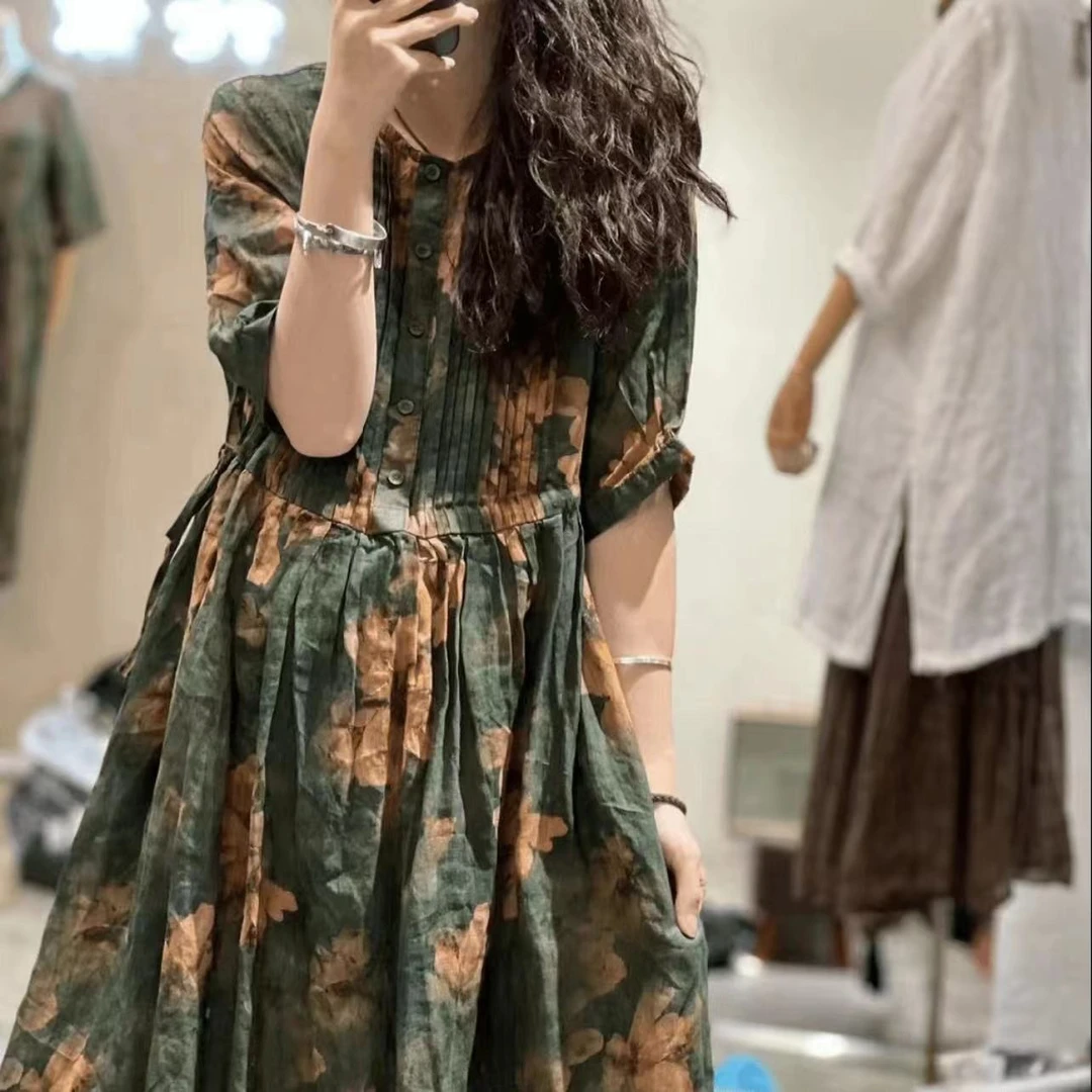 《清风摇》春夏新款复古时尚百搭气质显瘦女装中长款印花连衣裙