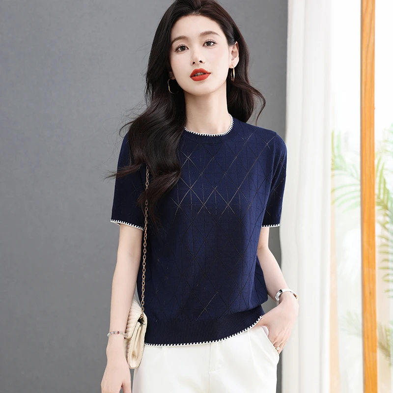 哥弟阿玛施正桑蚕丝短袖T恤女夏季圆领针织宽松镂空百搭上衣薄款