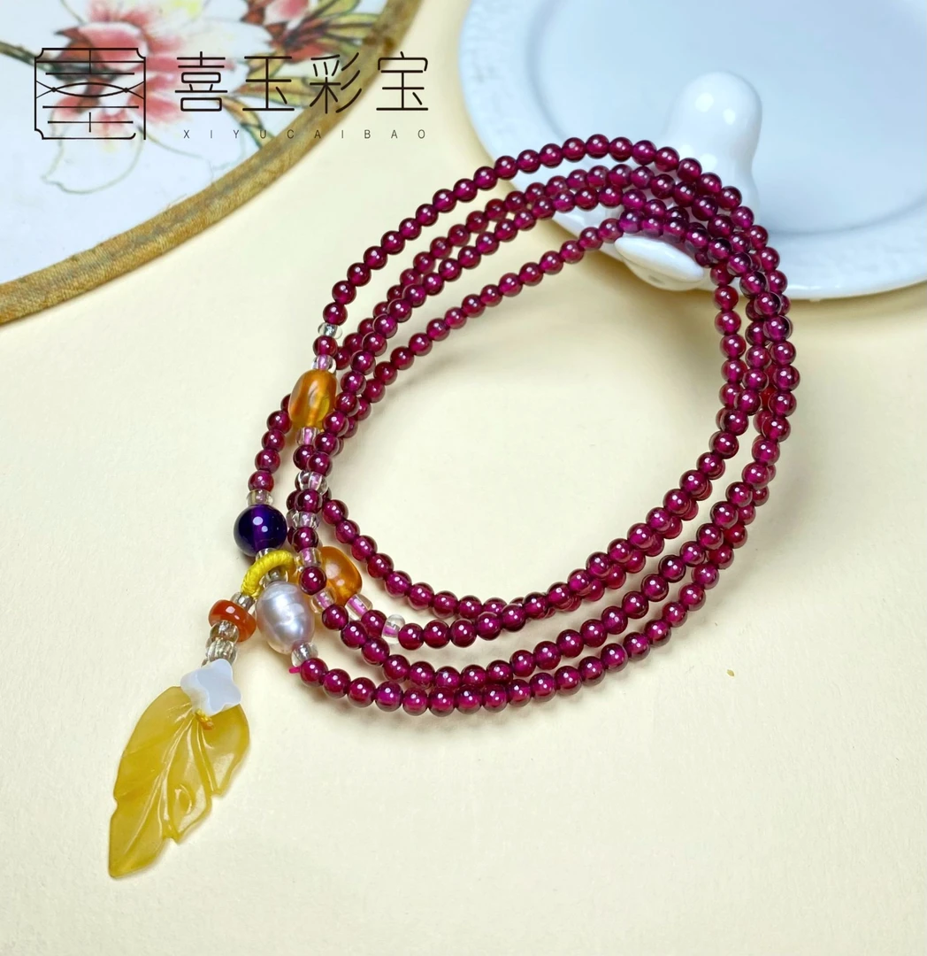 天然石榴石手链金枝玉叶叶子提溜珍珠饰品手串多圈女款手链1654