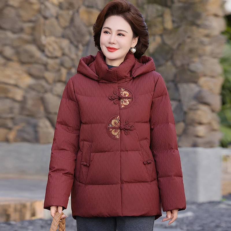中老年羽绒服女短款新中式妈妈冬季外套连帽加厚保暖盘扣国风冬装
