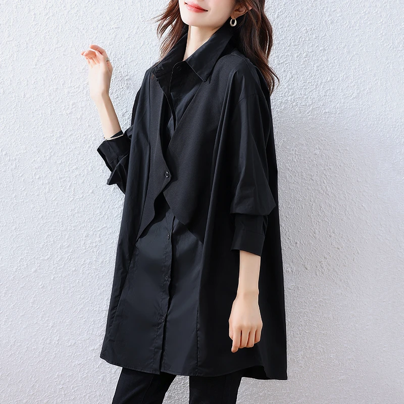 黑色假两件衬衫女士2025新款时尚洋气减龄宽松显瘦大码设计感上衣