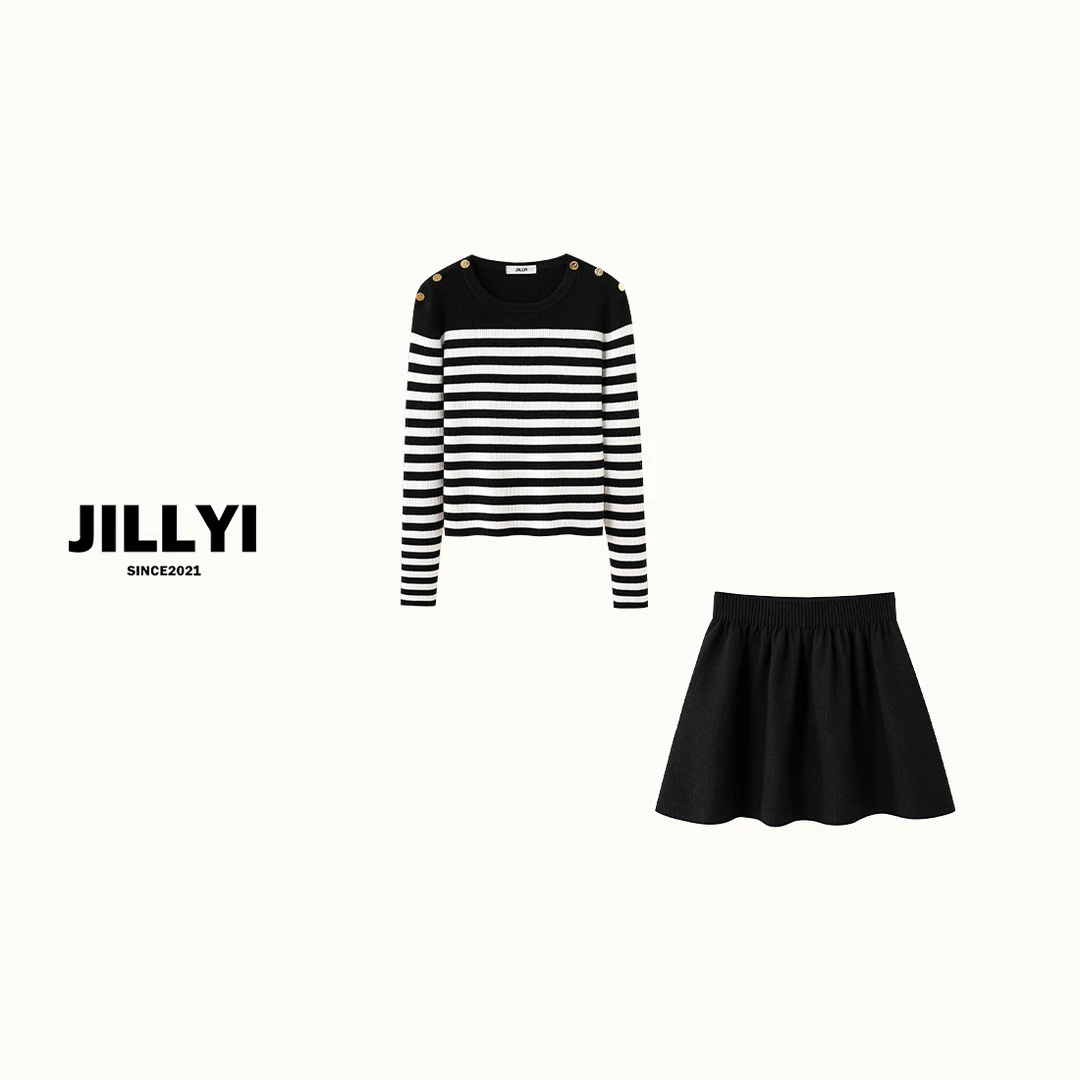 JILLYI珠海店【限定条纹】+【奶油泡芙】黑白条纹上衣+黑色半裙时尚套
