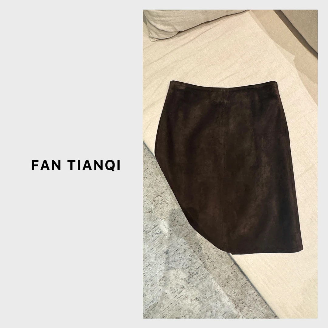 范天奇/FAN TIANQI【羊皮半裙】美拉德皮裙 A字开叉半裙FWST58082