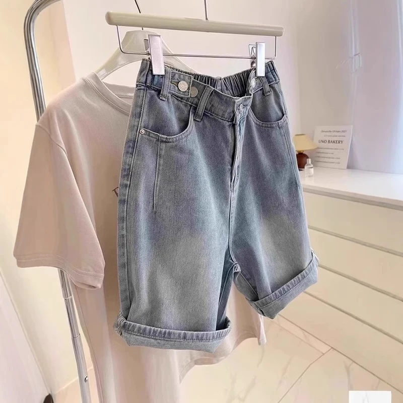 小个子梨形五分牛仔短裤高腰显瘦阔腿牛仔裤女夏薄款宽松直筒中裤