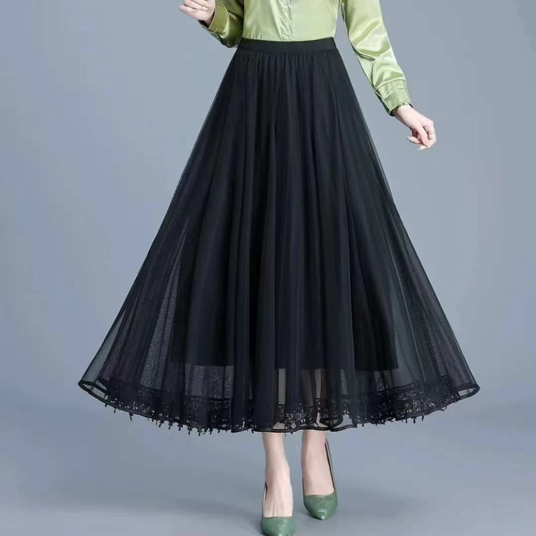 蕾丝网纱大摆裙2025春季新款半身裙