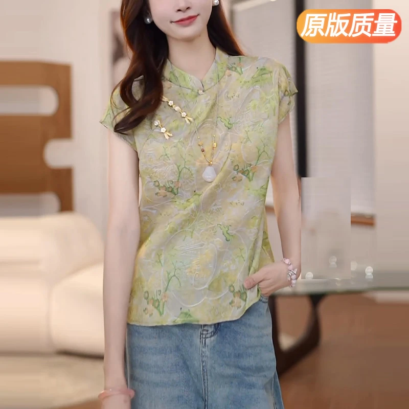 国风别致盘扣绿色衬衫女短袖夏季新款小衫新中式改良旗袍上衣女