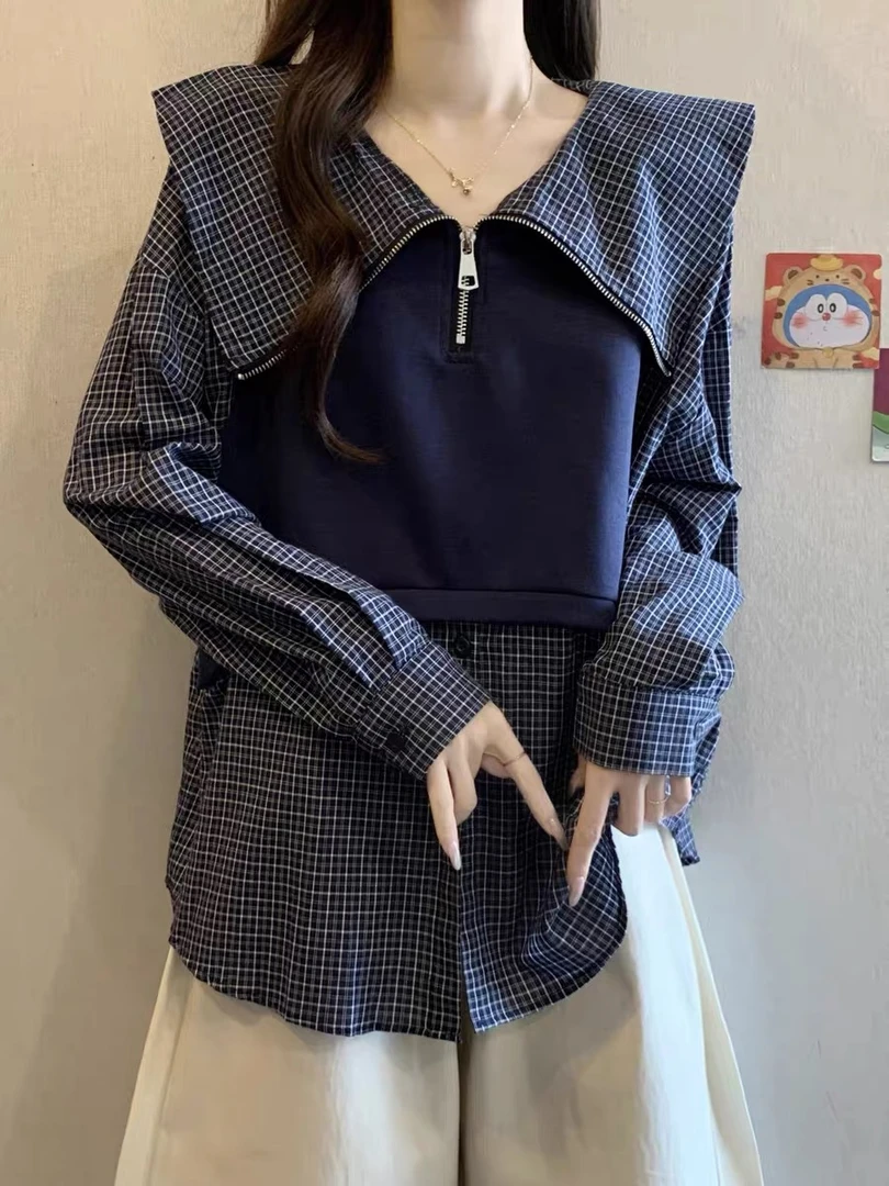 (XI ZI女装）#8818秋季休闲时尚假2件格子长袖显瘦宽松上衣