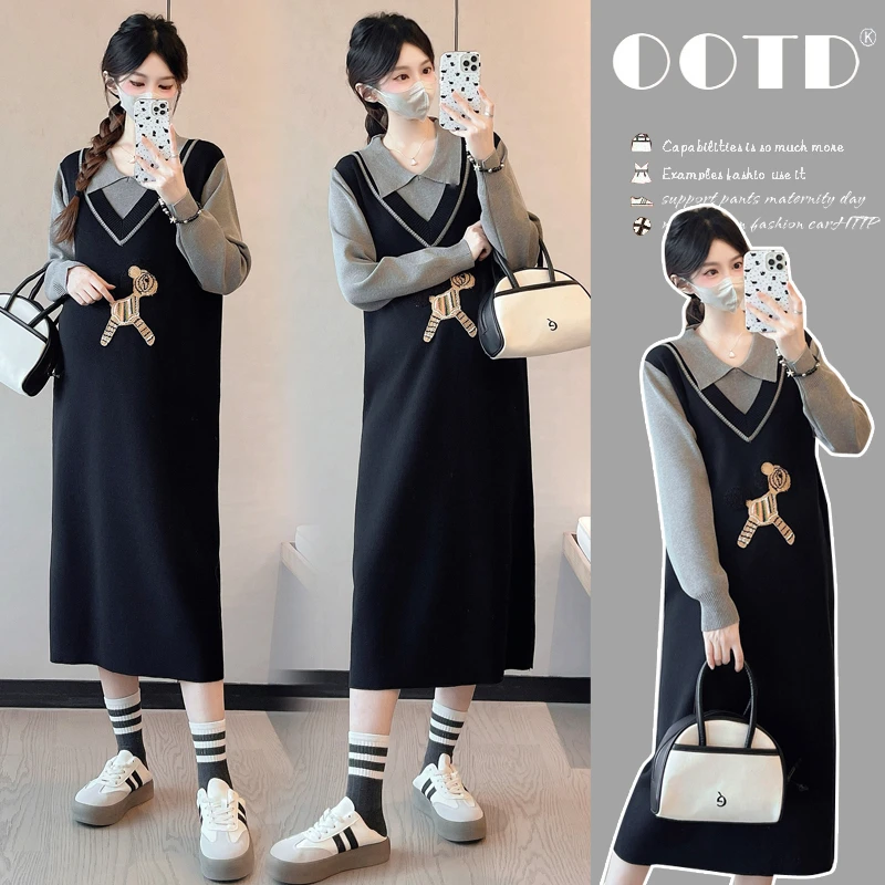 孕妇装秋装2025新款秋冬时尚高级感拼接假两件宽松翻领毛衣连衣裙