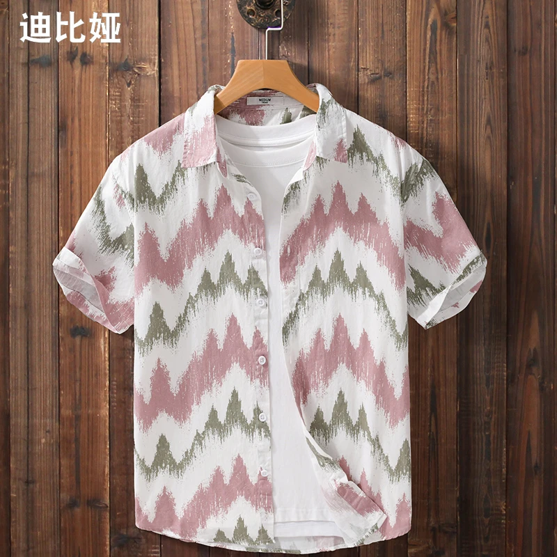 迪比娅夏季印花短袖衬衫男翻领纯棉宽松休闲衬衣设计感寸衫满印Y