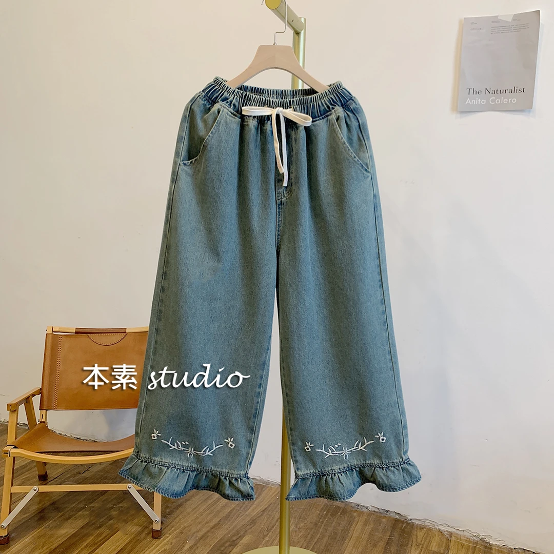 荷叶边牛仔C3256刺绣荷叶边松紧腰系带牛仔阔腿裤