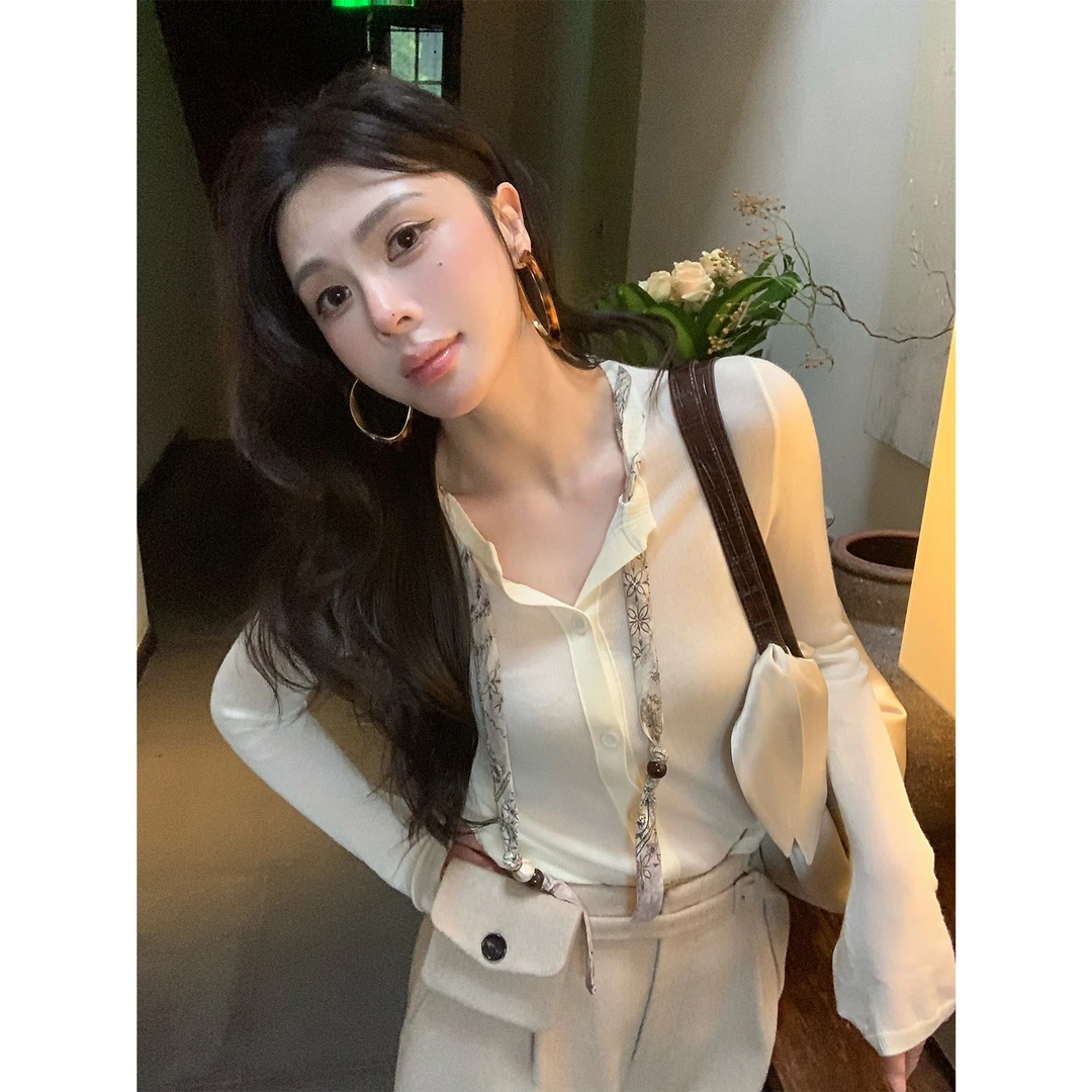 ASM ANNA/羊毛上衣印饰丝巾造型感圆领针织开衫女A257BZZ031