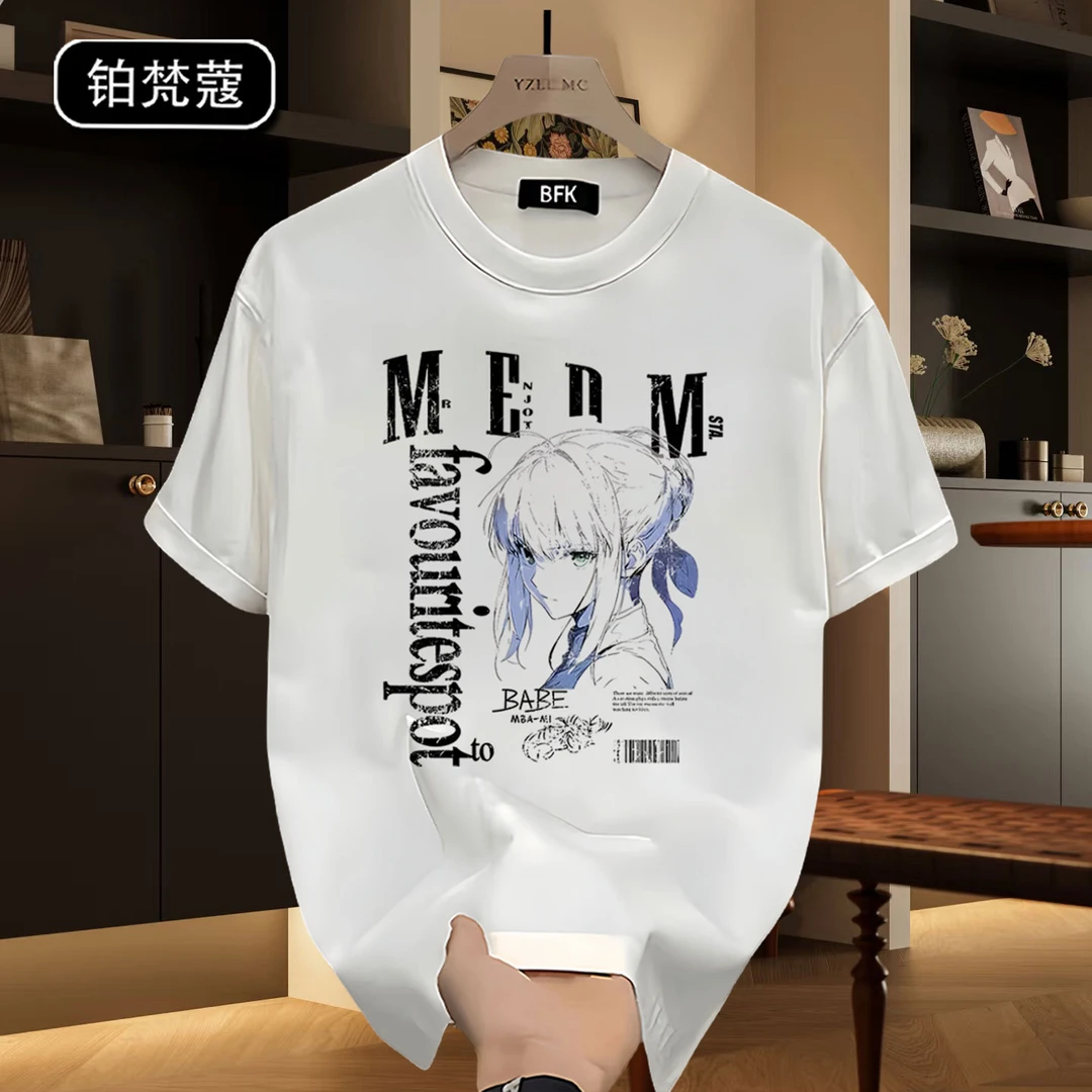 铂梵蔻休闲大码T恤上衣夏季男士圆领痞帅纯棉宽松美式潮印花短袖