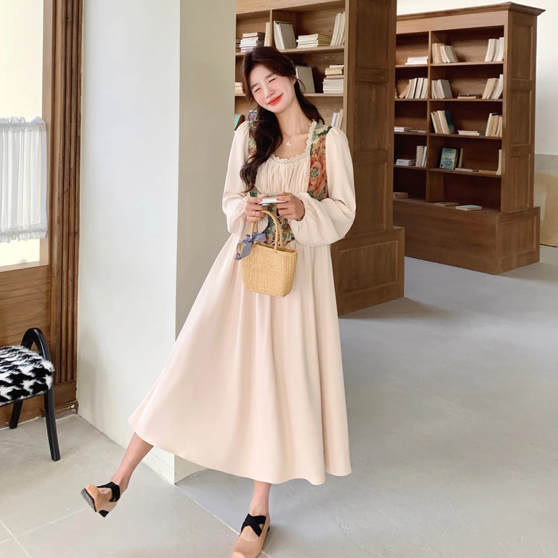法式浪漫风连衣裙女2025春秋新款复古氛围感印花拼接温柔风茶歇裙