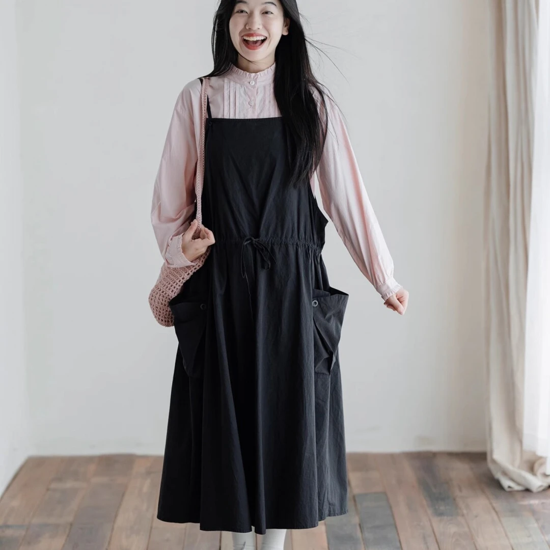 古苔黑色山系吊带连衣裙 学院风工装收腰显瘦裙子女