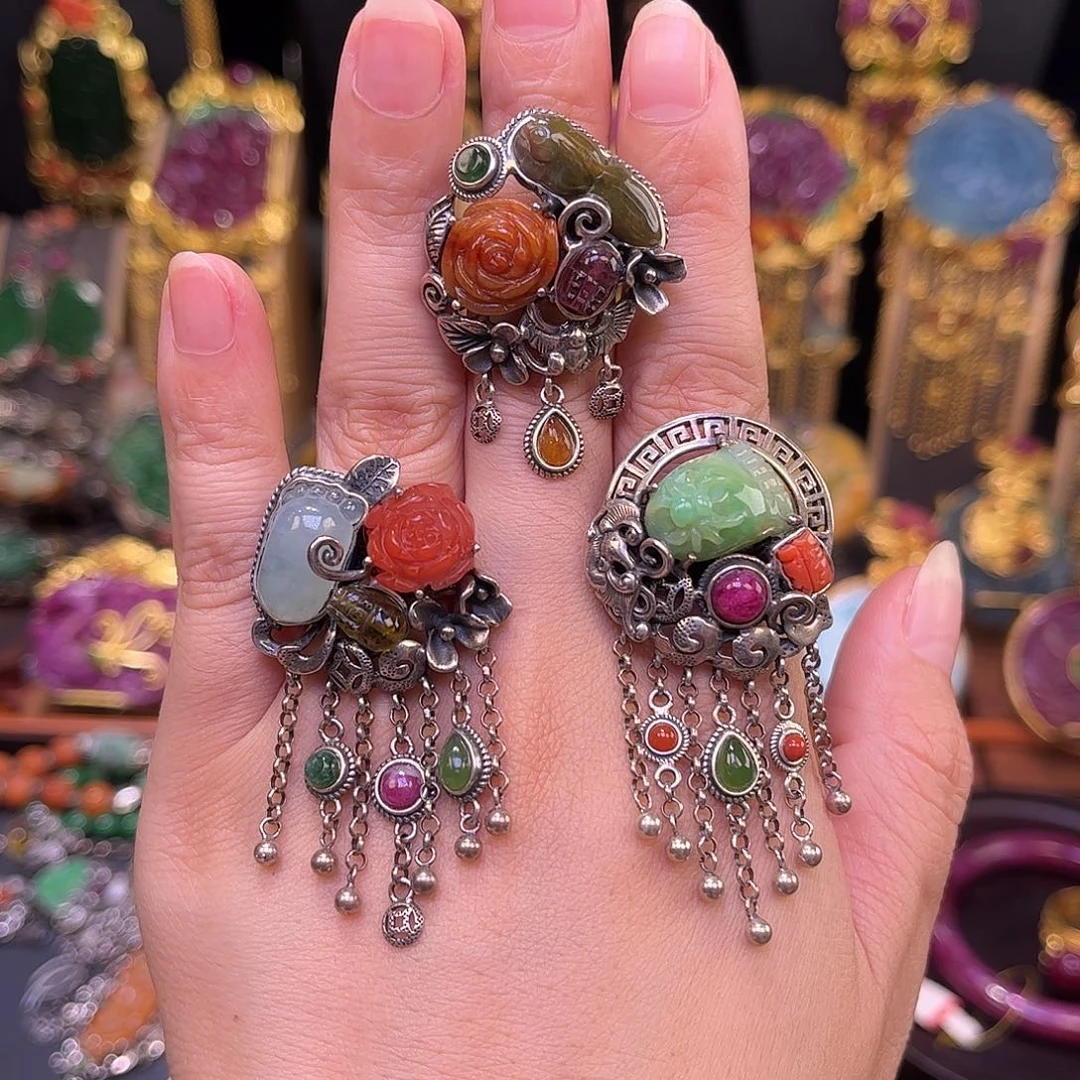 翡翠戒指银S925镶嵌翡翠多宝戒指任选一个