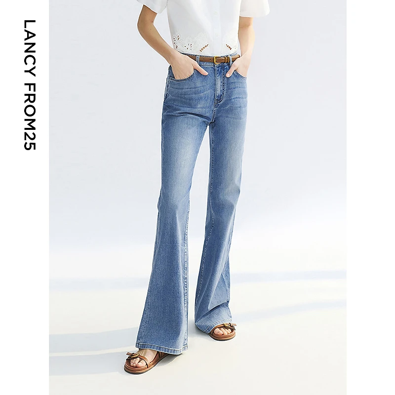 达人 朗姿2025年夏季新款法式气质微喇牛仔裤蓝色阔腿长裤女