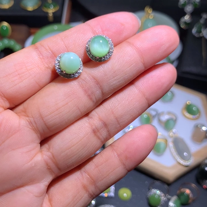 和田玉银S925镶嵌耳饰