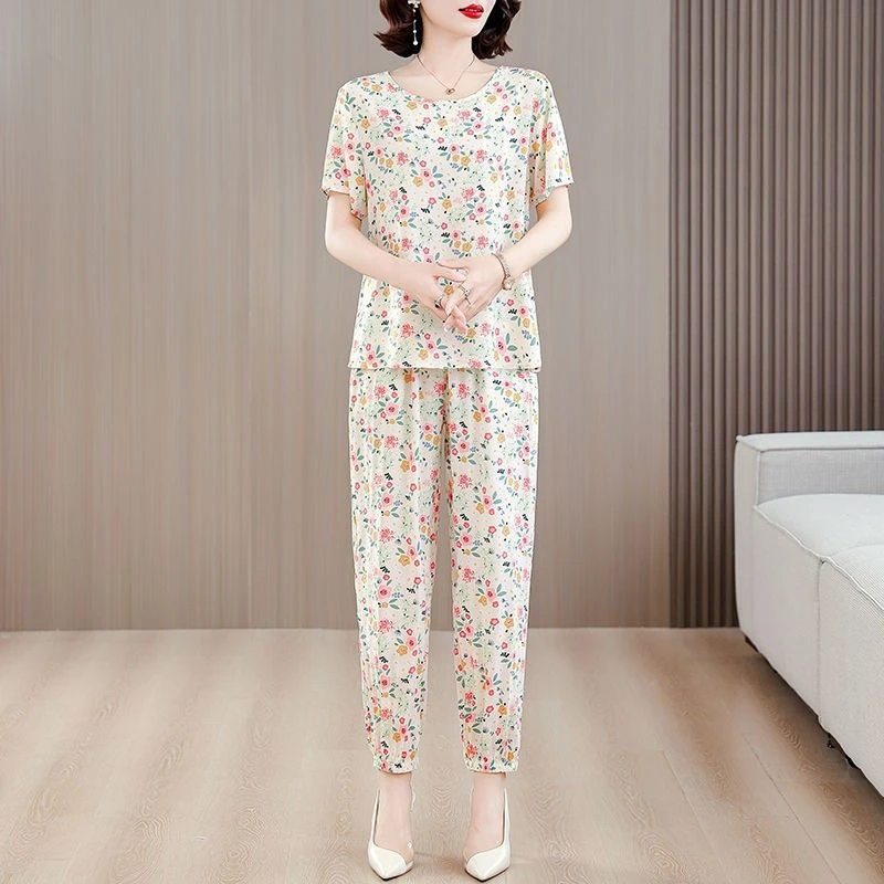 夏季棉绸套装女时尚外穿洋气短袖七分裤两件套宽松大码休闲妈妈装