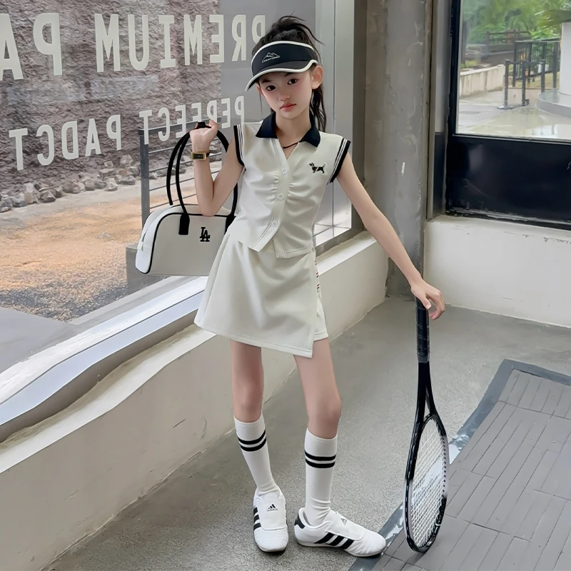 女童套装夏季新款小女孩中大童运动无袖POLO衫儿童裙裤两件套潮