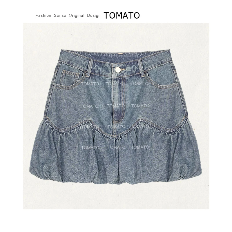 【TomaTo】库帕 夏季甜美褶皱波浪下摆牛仔高腰花苞半身裙C25Q06192