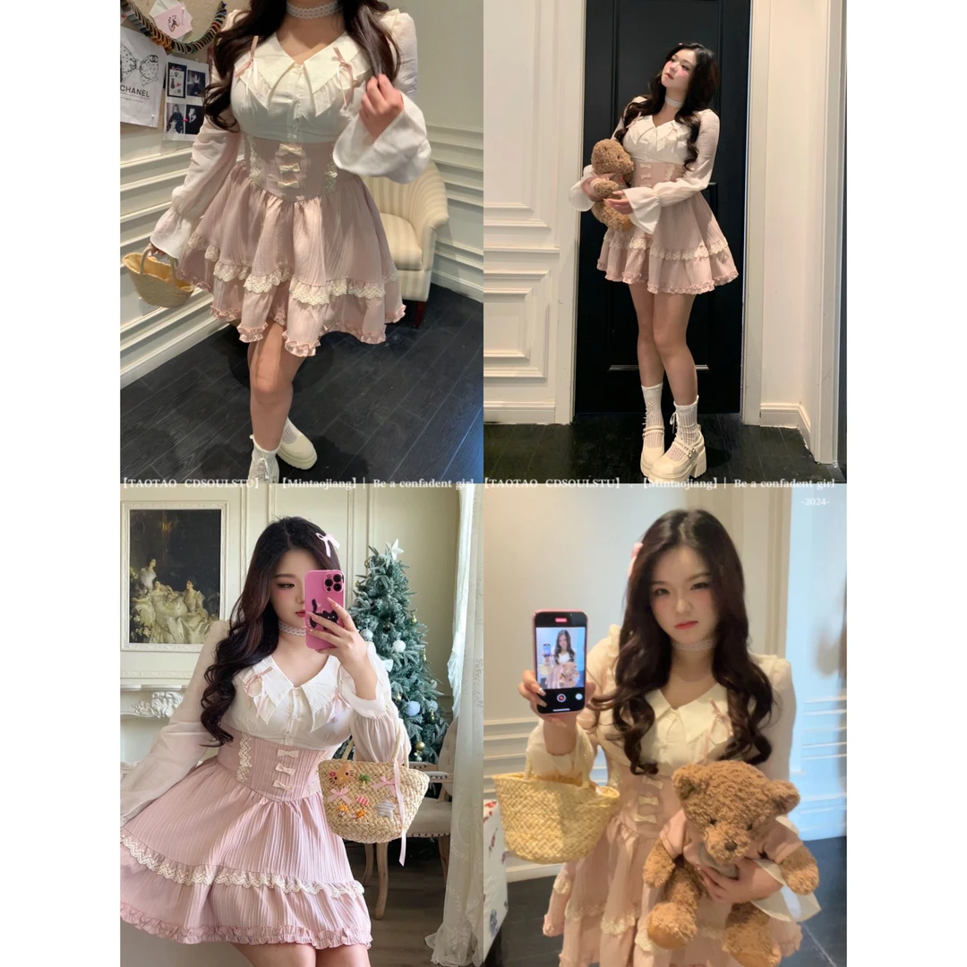 【PPEIQI】"千金少女"大码法式甜美可爱上衣收腰显瘦蕾丝边背带裙女