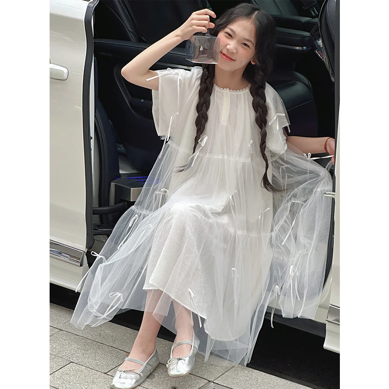 K28762蝴蝶结网纱女童连衣裙2025新款休闲夏装儿童裙子女孩公主裙