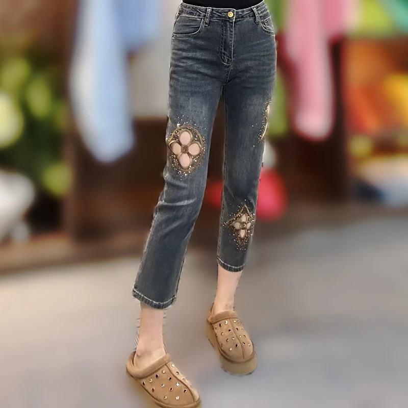 夏季新款时尚破洞镂空烫钻牛仔裤女百搭修身显瘦烟管裤做旧九分裤