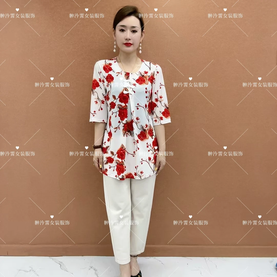 时尚气质减龄宽松大码妈妈装显瘦七分袖百搭印花中老年女T恤小衫