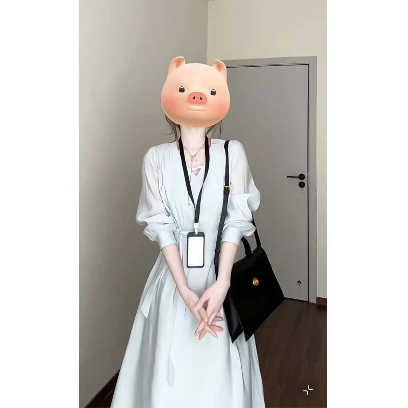 大码【空谷铃兰】春夏气质长袖飘带连衣裙女法式V领收腰洋气裙子仙