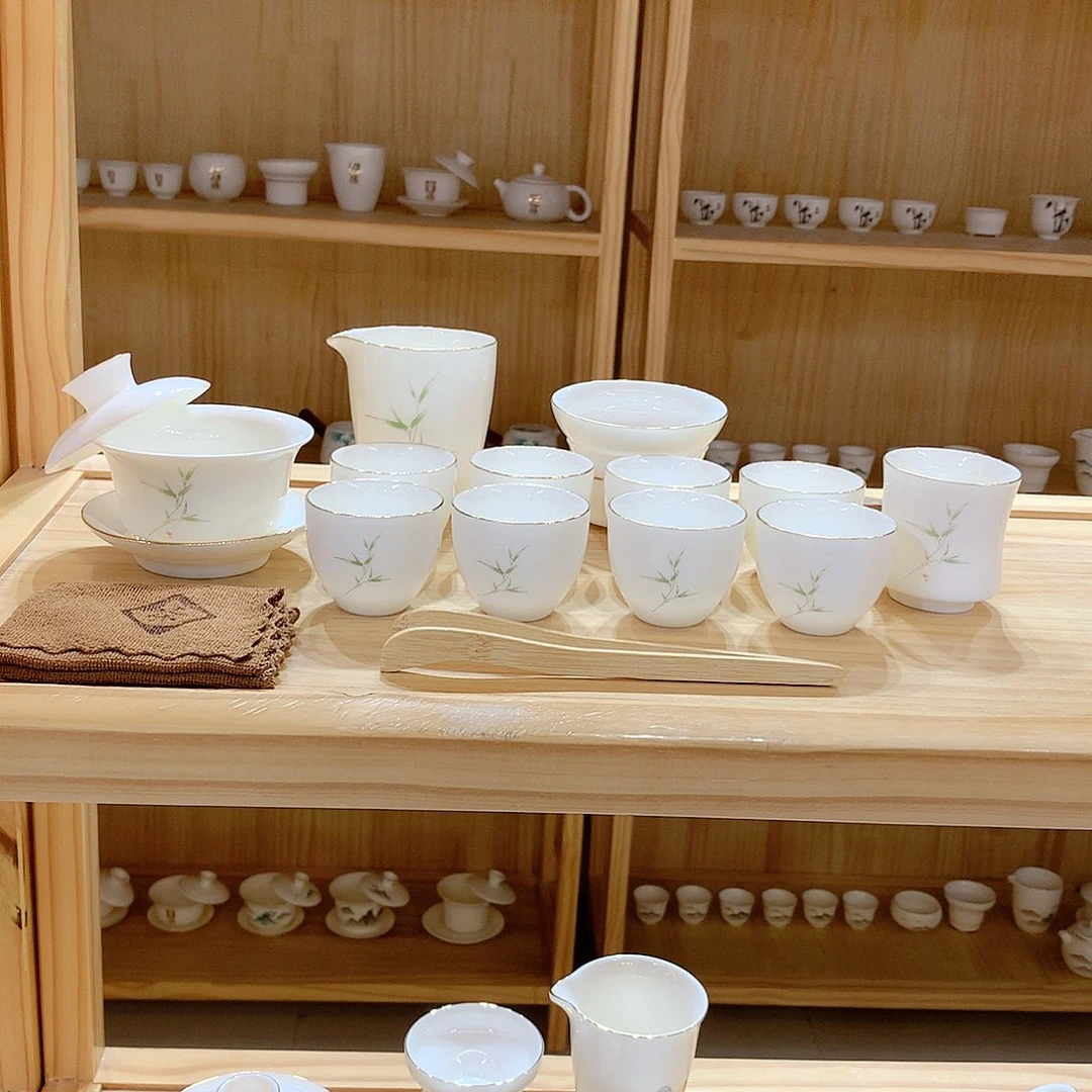 羊脂玉瓷竹报平安15件套功夫茶具