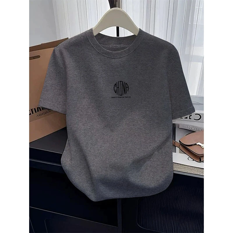 小众设计感正肩磨毛短袖t恤女宽松休闲百搭深灰色上衣春夏秋冬潮