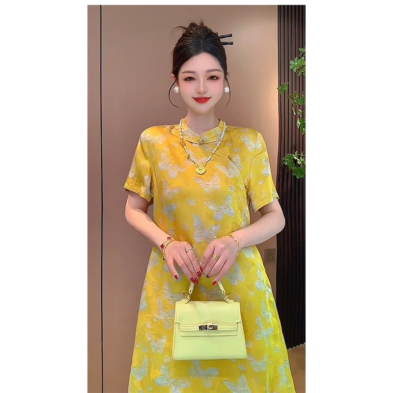 【黄袍加分】国风新中式旗袍裙人丝提花复古A字连衣裙短裙裙子女装