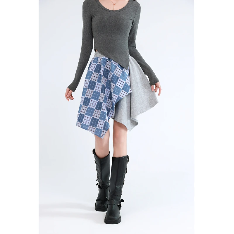 纯棉短裙拼接格子裙子常规半身裙不规则春夏季半裙松紧腰防走光