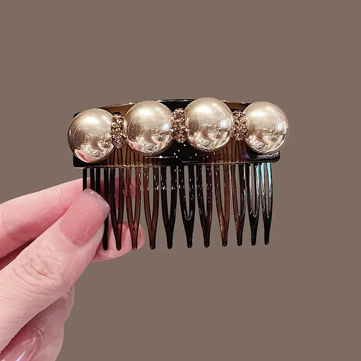 法式复古珠珠水钻发梳发夹女高端刘海夹前额碎发整理插梳一字边夹