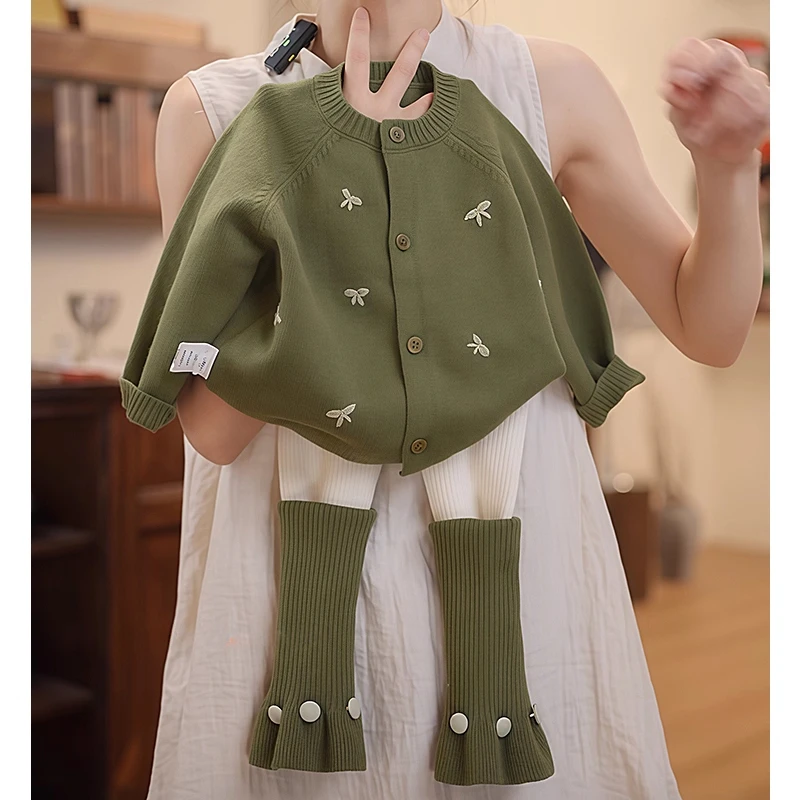 女童蝴蝶结毛衣打底裤套装2025新款秋冬款甜美针织开衫外套堆堆袜