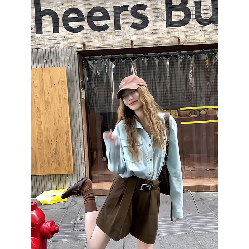 2025新款女士春夏季极简慵懒风休闲宽松长袖衬衫外套上衣高腰短裤