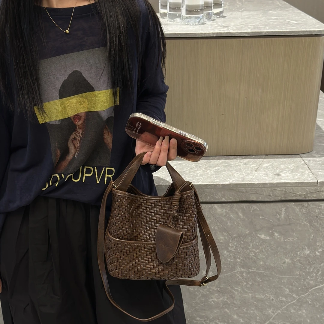 文艺风复古ins编织水桶包托特包布包斜挎包通勤风