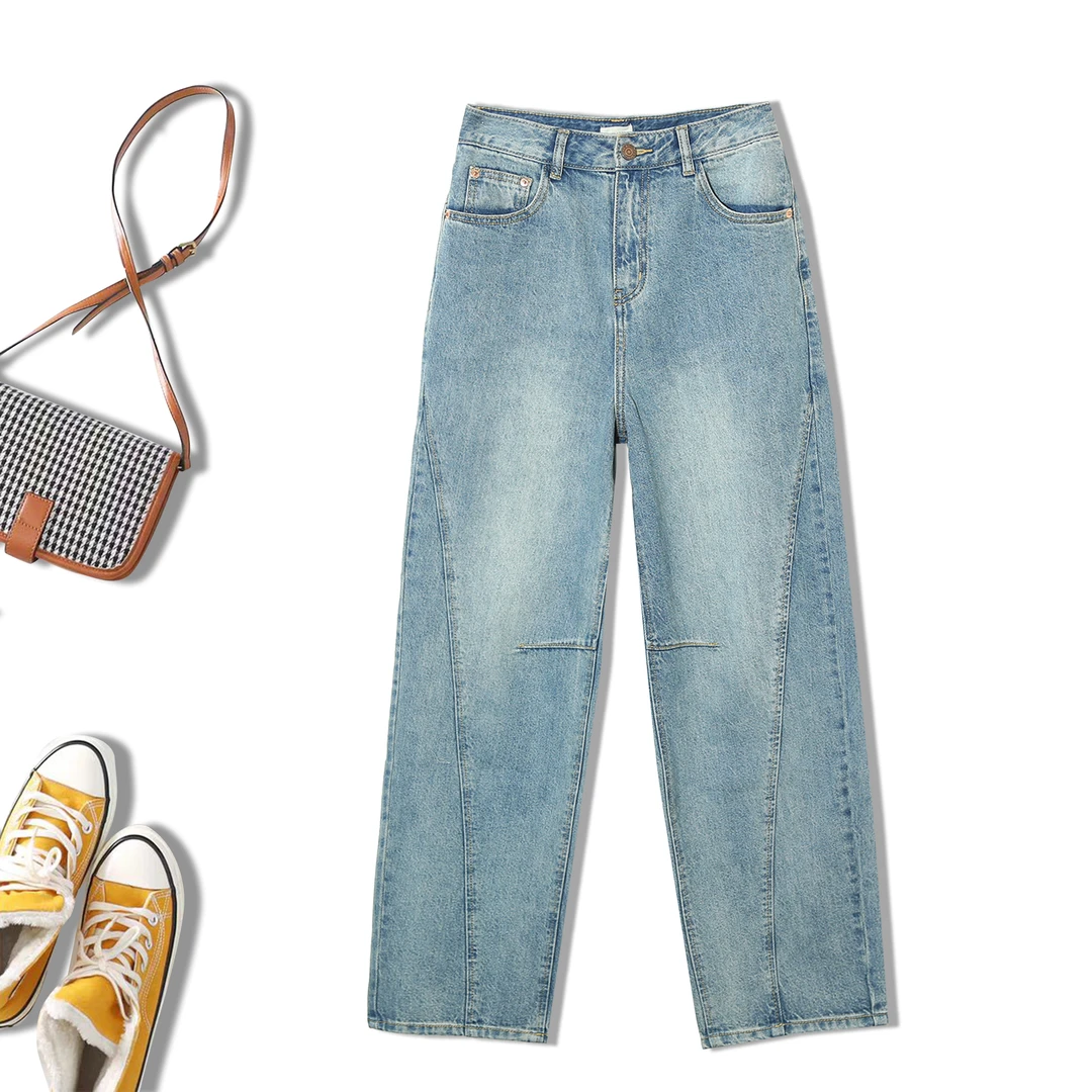 时尚设计感男友风做旧水洗牛仔裤休闲女士春秋简约百搭潮裤1F565