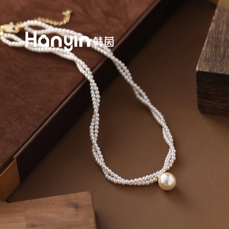 铜合金仿珍珠项链 12/3mm珠珠缠绕项链轻奢高级感宴会感锁骨链