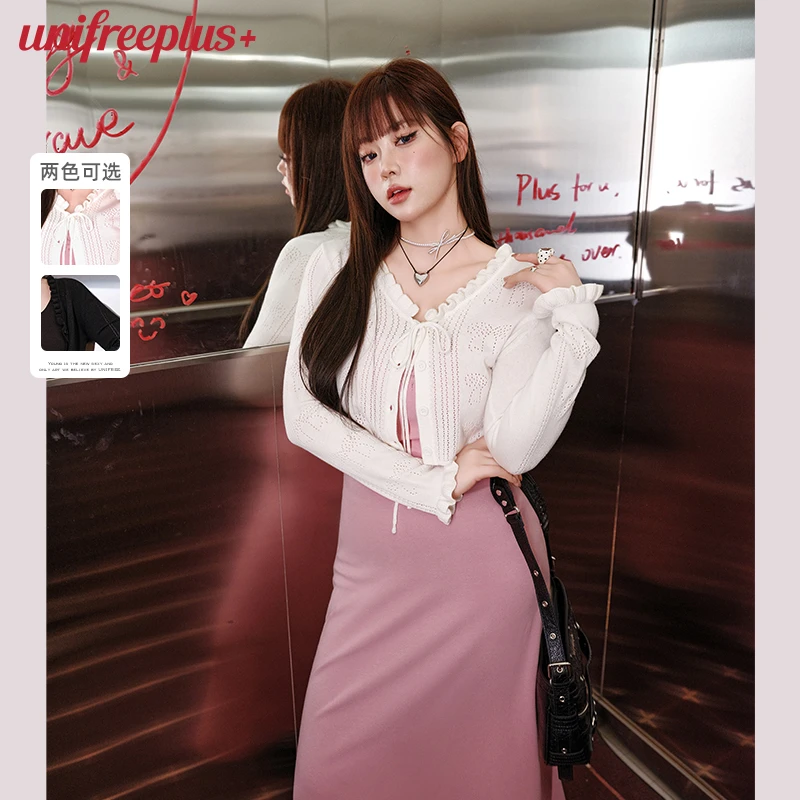 unifree【25年春】蝴蝶结镂空针织开衫复古辣妹短款修身个性上衣