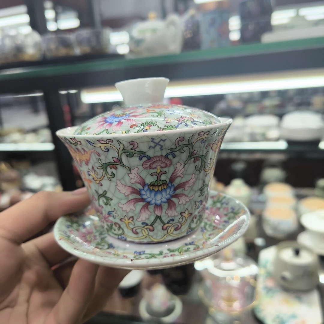 德化云仓 珐琅彩缠枝莲三才盖碗-4205