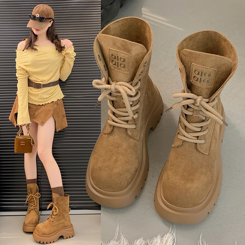 秋季中跟女森系马丁靴短筒骑士靴英伦风女鞋秋冬系带