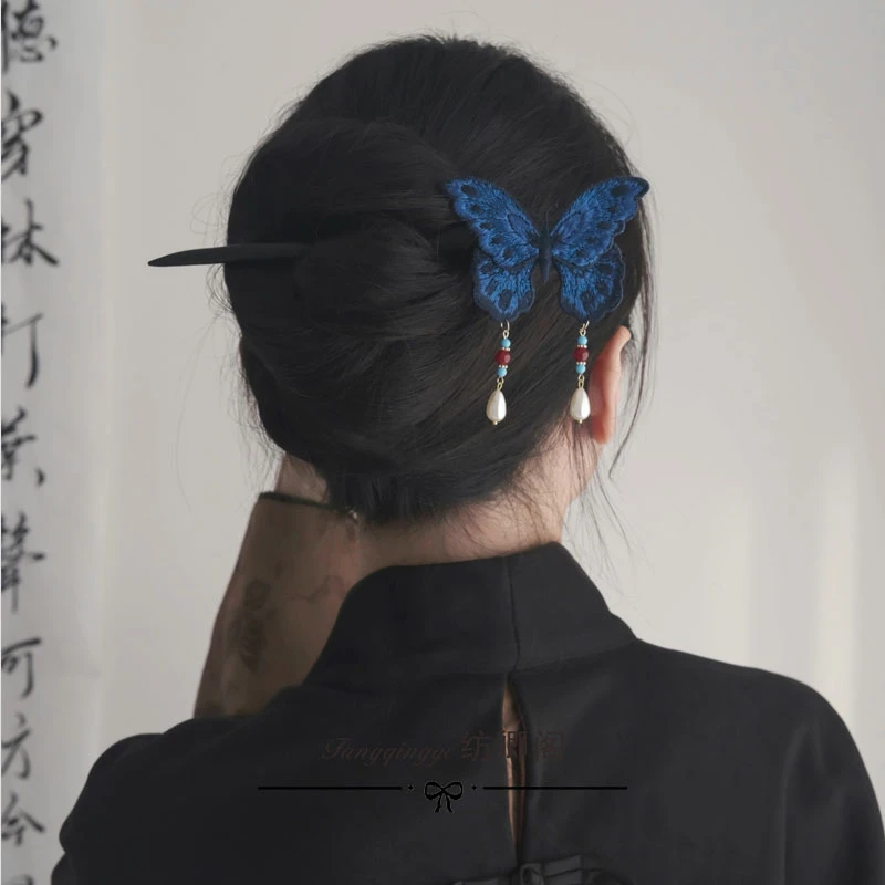 手工发饰古风蝴蝶刺绣黑木簪新中式盘发钗汉服气质发簪日常头饰