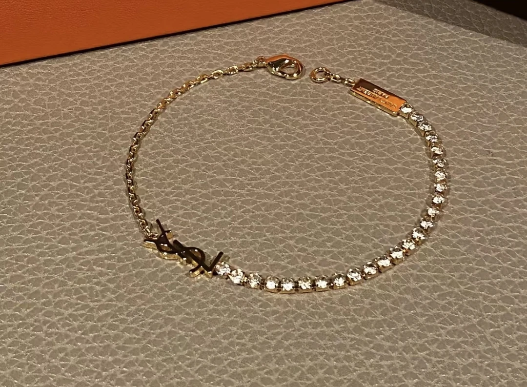 95新 YSL/圣罗兰 金色logo半钻手链86558431