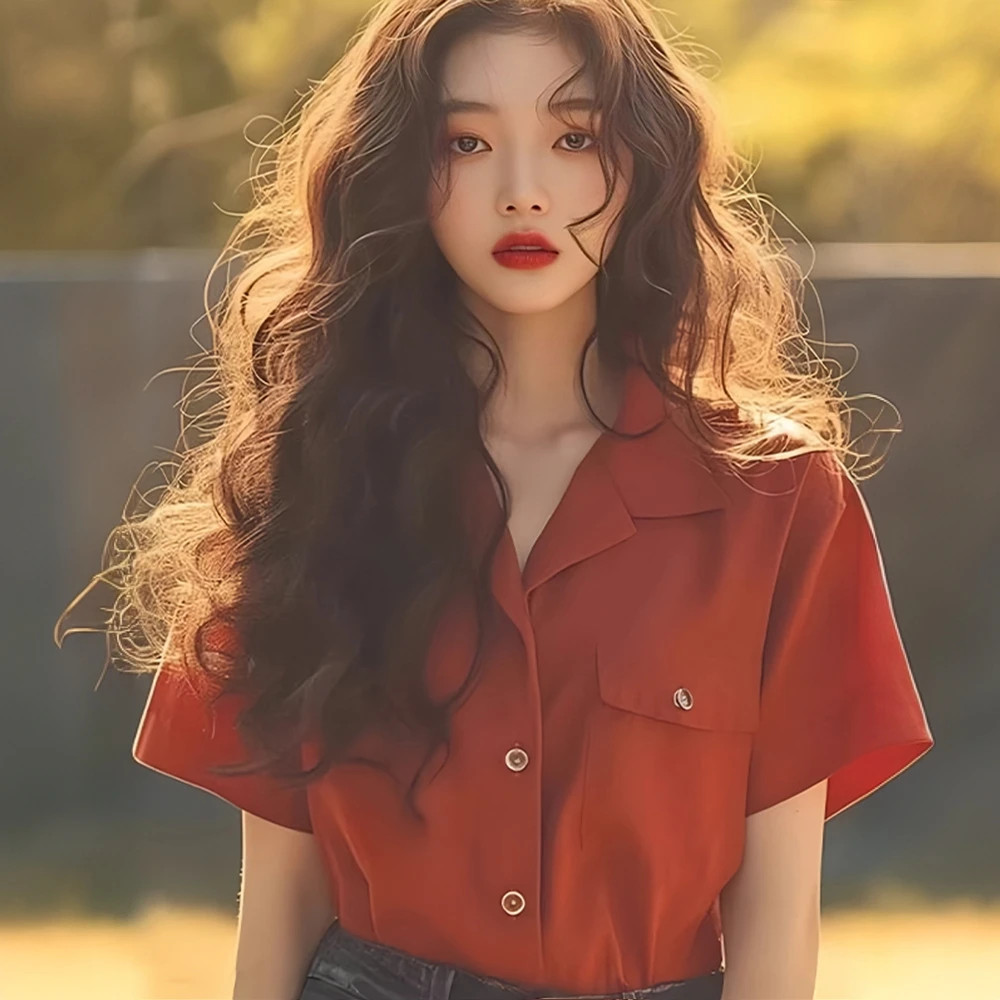 时尚百搭气质衣服夏法式独特超好看绝美上衣复古港风红色短袖衬衫