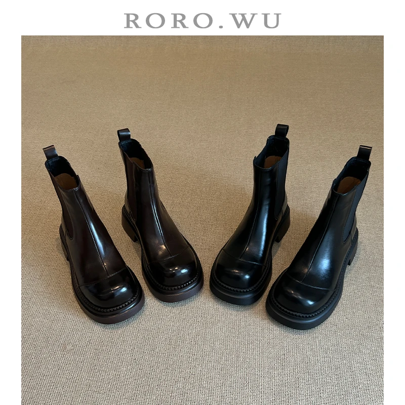 娆娆吴·牛皮圆头复古英伦风切尔西短靴冬季新款粗跟马丁靴女Z112