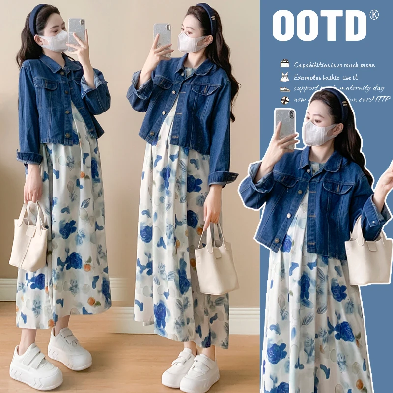 时髦孕妇装新款春装泼墨淑女风连衣裙碎花显瘦气质款牛仔外套